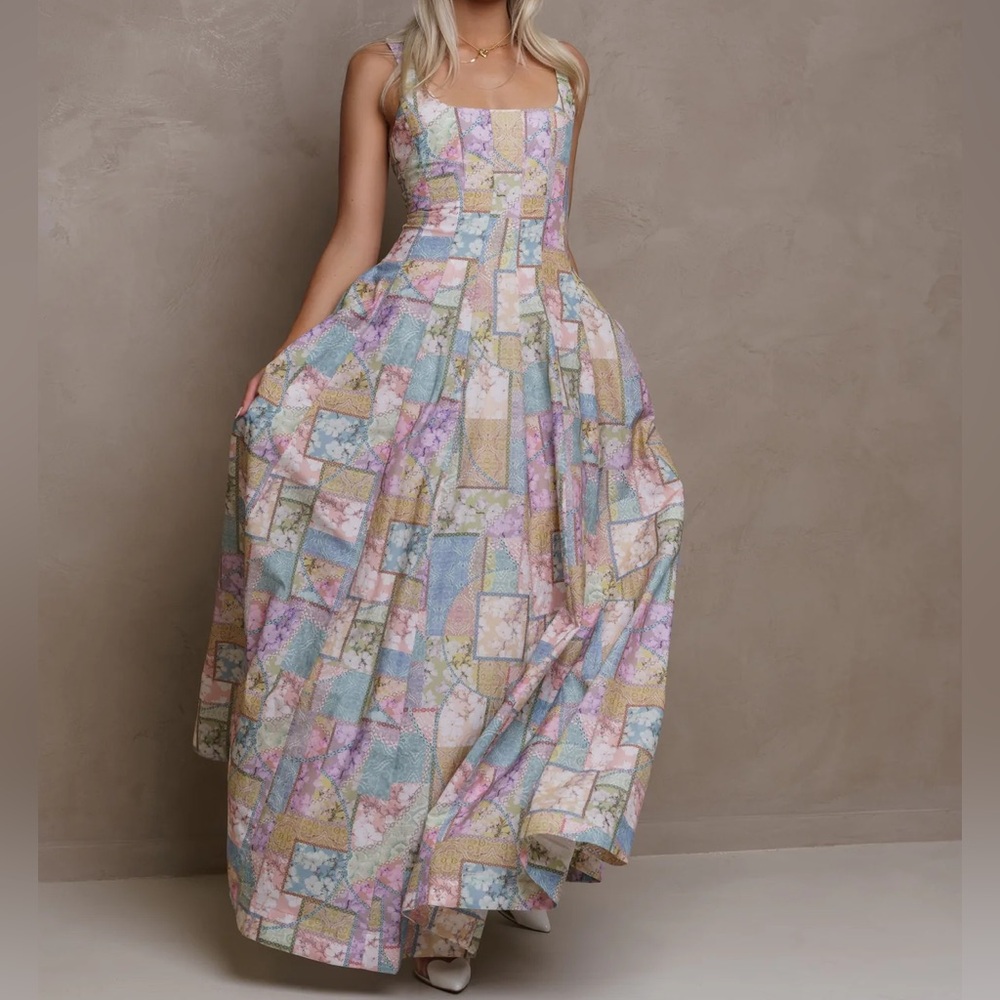 AQUA BLU CLAUDETTE BRINDLE MAXI DRESS PATCHWORK PRINTED SILK BLEND SQUARE NECK